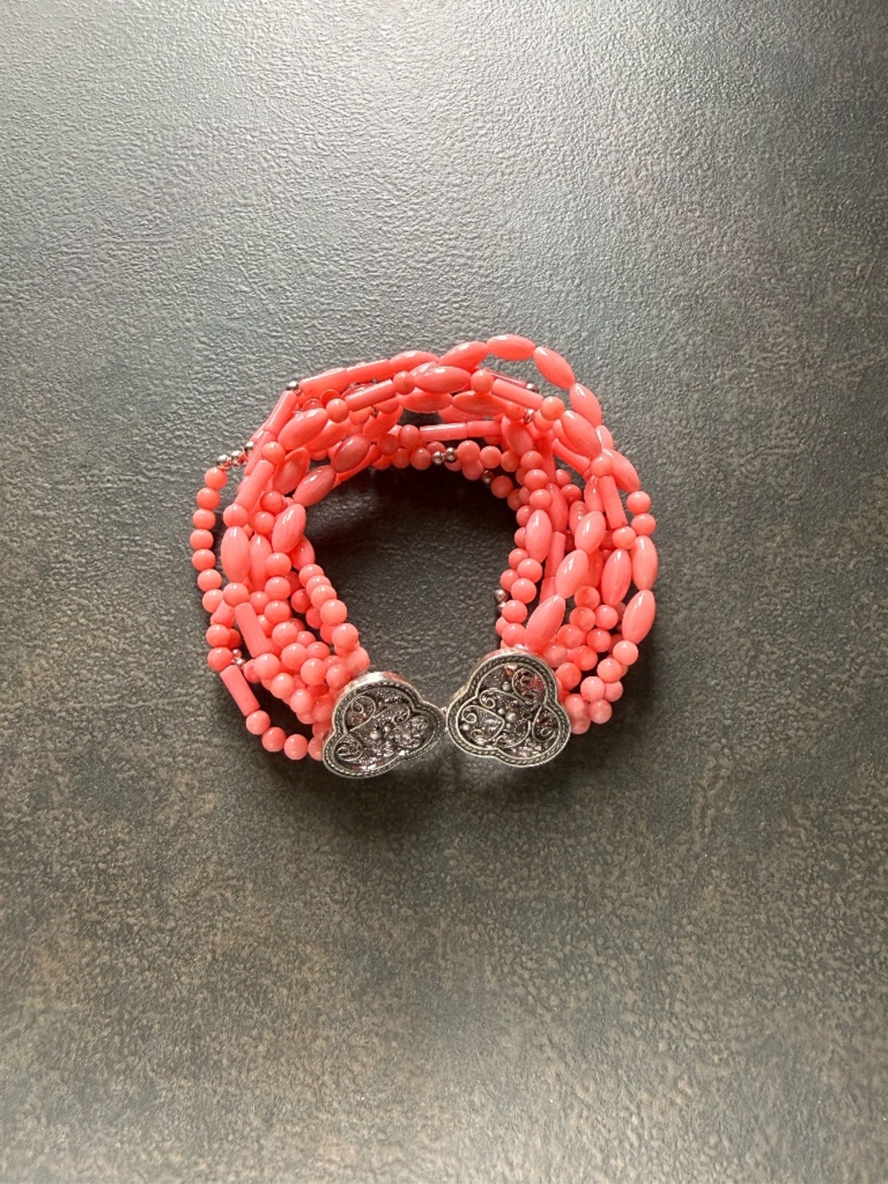 QVC Salmon Pink Beaded Multi Strand Bracelet With Silver Filigree Hook and  Loop